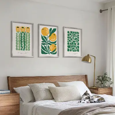 3er-Set Wandbilder mit Rahmen Pflanzenmuster mit Blüten und Blättern