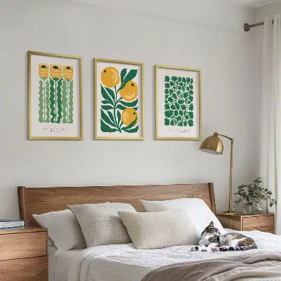 3er-Set Wandbilder mit Rahmen Pflanzenmuster mit Blüten und Blättern