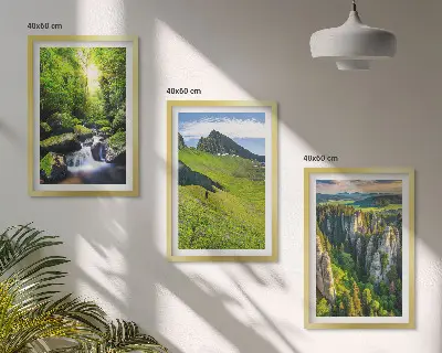 Grüne Berge Wasserfallwald Bilder-3er-Set mit Rahmen