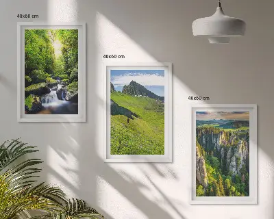 Grüne Berge Wasserfallwald Bilder-3er-Set mit Rahmen