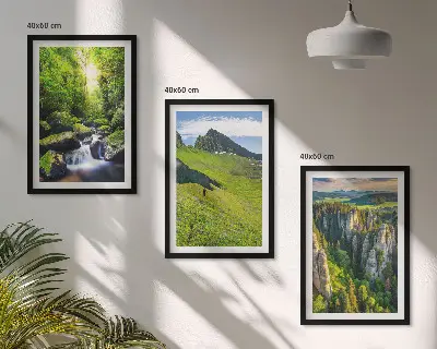 Grüne Berge Wasserfallwald Bilder-3er-Set mit Rahmen