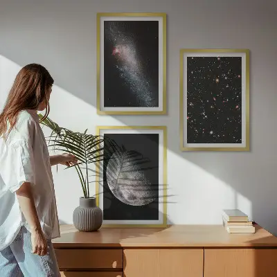 Weltraum Galaxien Sterne Mond Bilder-3er-Set mit Rahmen