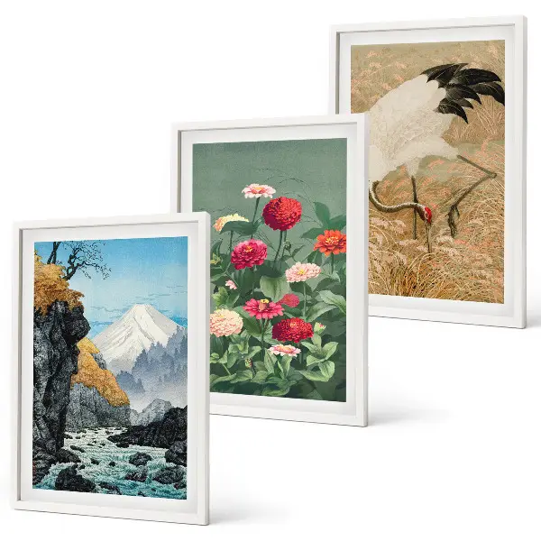 3er-Set Wandbilder mit Rahmen Berglandschaft mit Fluss, Blumen und Kranichen