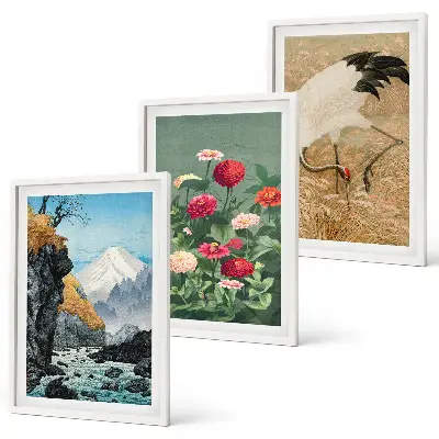 3er-Set Wandbilder mit Rahmen Berglandschaft mit Fluss, Blumen und Kranichen