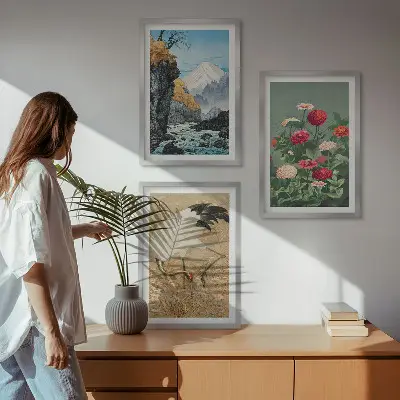 3er-Set Wandbilder mit Rahmen Berglandschaft mit Fluss, Blumen und Kranichen
