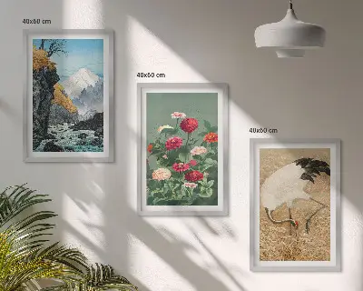 3er-Set Wandbilder mit Rahmen Berglandschaft mit Fluss, Blumen und Kranichen