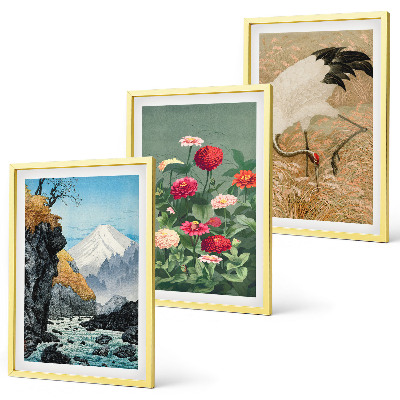 Bilder-3er-set mit rahmen Berglandschaft, Fluss, Blumen, Kraniche