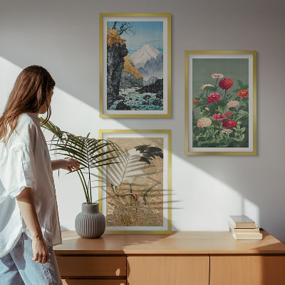 Bilder-3er-set mit rahmen Berglandschaft, Fluss, Blumen, Kraniche