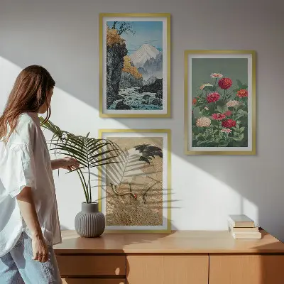 3er-Set Wandbilder mit Rahmen Berglandschaft mit Fluss, Blumen und Kranichen