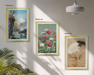 3er-Set Wandbilder mit Rahmen Berglandschaft mit Fluss, Blumen und Kranichen