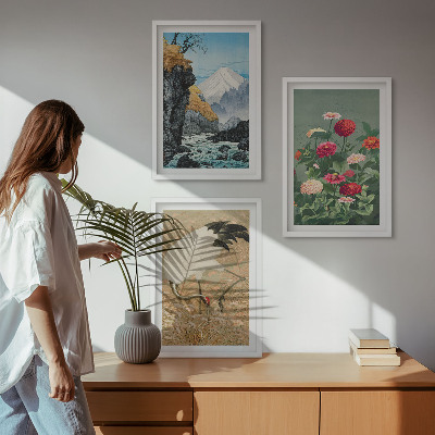 Bilder-3er-set mit rahmen Berglandschaft, Fluss, Blumen, Kraniche