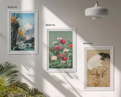 3er-Set Wandbilder mit Rahmen Berglandschaft mit Fluss, Blumen und Kranichen