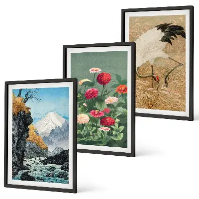 3er-Set Wandbilder mit Rahmen Berglandschaft mit Fluss, Blumen und Kranichen