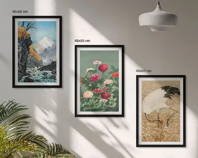 3er-Set Wandbilder mit Rahmen Berglandschaft mit Fluss, Blumen und Kranichen