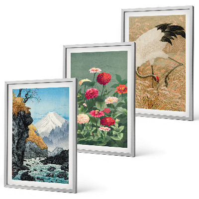 Bilder-3er-set mit rahmen Berglandschaft, Fluss, Blumen, Kraniche