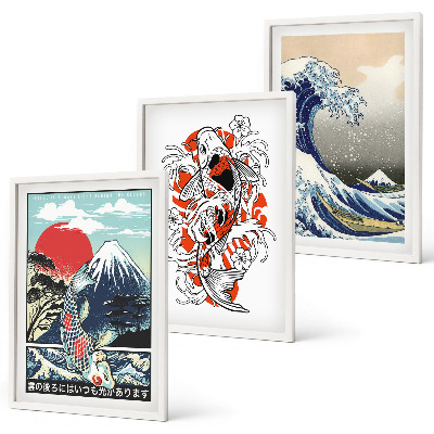 Bilder-3er-set mit rahmen Berge von Fischen Große Welle Japan