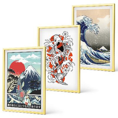 Bilder-3er-set mit rahmen Berge von Fischen Große Welle Japan