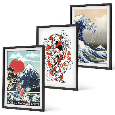Bilder-3er-set mit rahmen Berge von Fischen Große Welle Japan