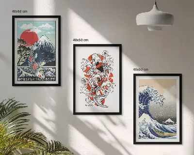 Berge von Fischen Große Welle Japan 3er-Set Wandbilder mit Rahmen