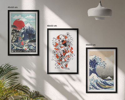 Bilder-3er-set mit rahmen Berge von Fischen Große Welle Japan