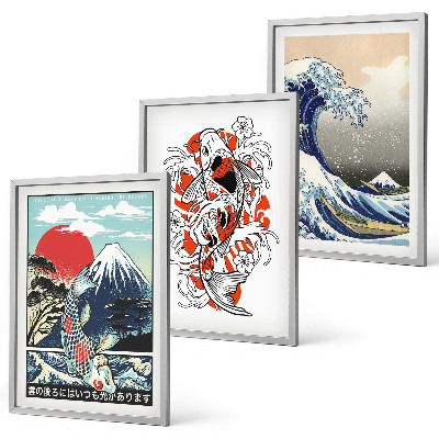 Bilder-3er-set mit rahmen Berge von Fischen Große Welle Japan