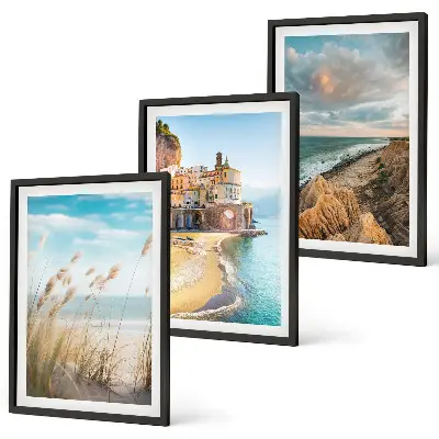 3er-Set Bilder mit Rahmen Landschaften mit Strand, Klippen und Stadt