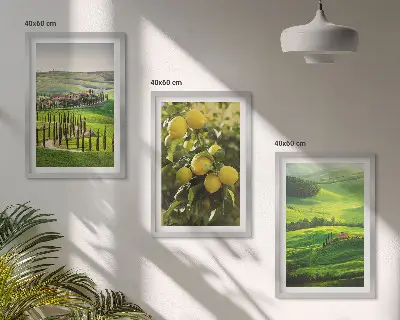 Italienische Zitrusfrüchte und Hügel 3er-Set Wandbilder mit Rahmen