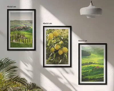 Italienische Zitrusfrüchte und Hügel 3er-Set Wandbilder mit Rahmen