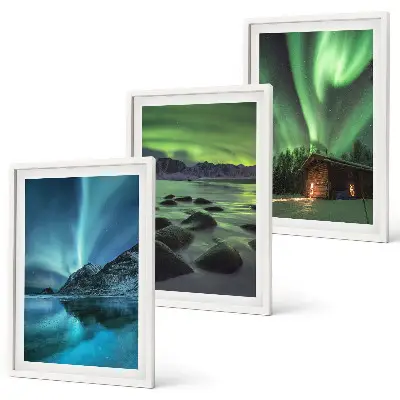 Gerahmtes Bilderset mit Winterlandschaften, Nordlichtern und Bergen