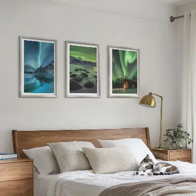 Gerahmtes Bilderset mit Winterlandschaften, Nordlichtern und Bergen