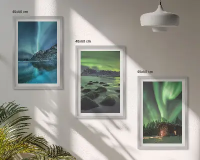 Gerahmtes Bilderset mit Winterlandschaften, Nordlichtern und Bergen