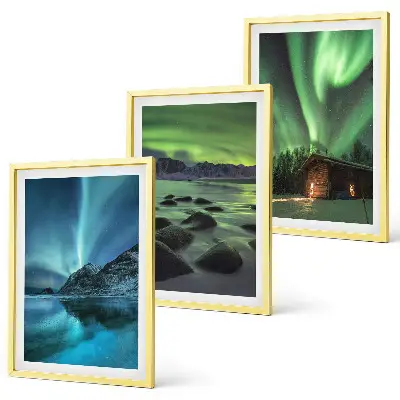 Gerahmtes Bilderset mit Winterlandschaften, Nordlichtern und Bergen