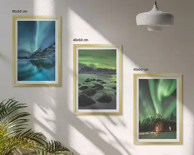 Gerahmtes Bilderset mit Winterlandschaften, Nordlichtern und Bergen