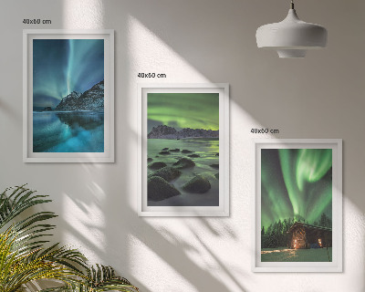 Gerahmtes bilderset Winterlandschaften, Nordlichter, Berge