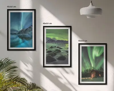 Gerahmtes Bilderset mit Winterlandschaften, Nordlichtern und Bergen