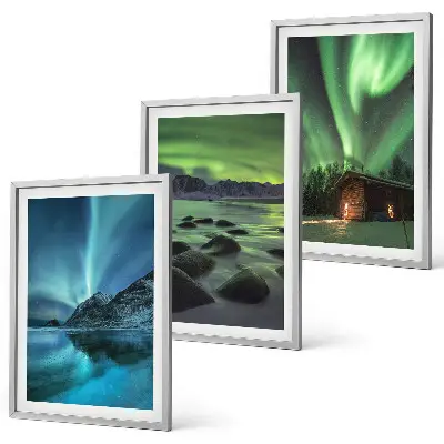 Gerahmtes Bilderset mit Winterlandschaften, Nordlichtern und Bergen