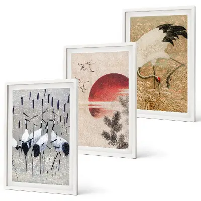 Japanische Kraniche Landschaft 3er Set mit Rahmen