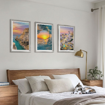 Bilder-3er-set mit rahmen Meereswellen, weiße Häuser, Santorini
