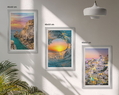 Bilder-3er-set mit rahmen Meereswellen, weiße Häuser, Santorini