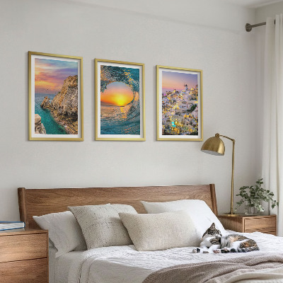 Bilder-3er-set mit rahmen Meereswellen, weiße Häuser, Santorini