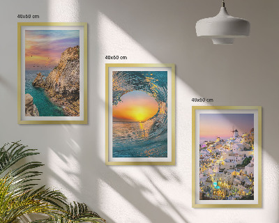Bilder-3er-set mit rahmen Meereswellen, weiße Häuser, Santorini
