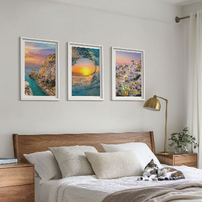 Bilder-3er-set mit rahmen Meereswellen, weiße Häuser, Santorini