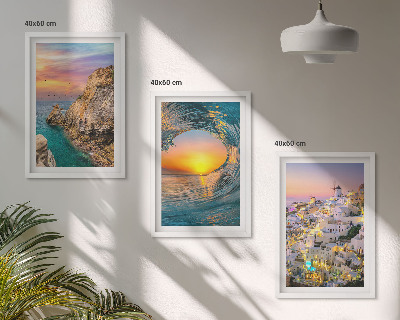 Bilder-3er-set mit rahmen Meereswellen, weiße Häuser, Santorini