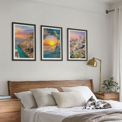 Bilder-3er-set mit rahmen Meereswellen, weiße Häuser, Santorini