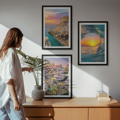 Bilder-3er-set mit rahmen Meereswellen, weiße Häuser, Santorini