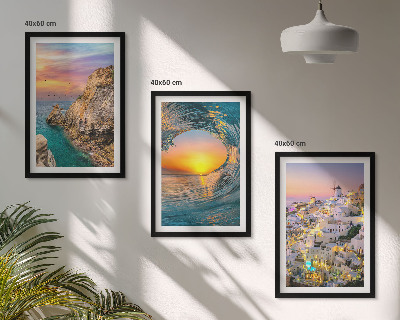 Bilder-3er-set mit rahmen Meereswellen, weiße Häuser, Santorini
