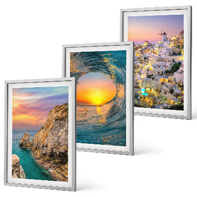 Bilder-3er-set mit rahmen Meereswellen, weiße Häuser, Santorini