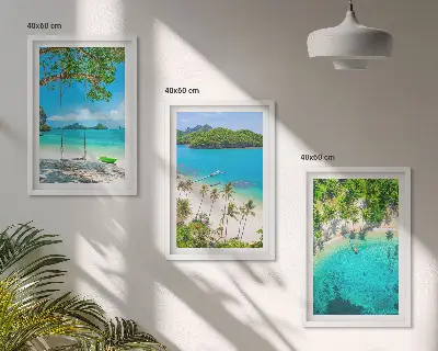 Gerahmtes Bilderset mit Motiven von Stränden, Palmen und klarem Wasser