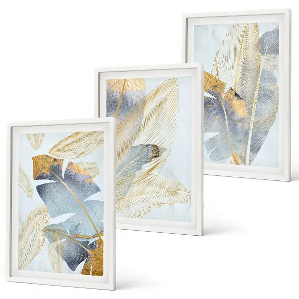 Hellblau-beige Blätter Bilder-Set 3er-Set mit Rahmen