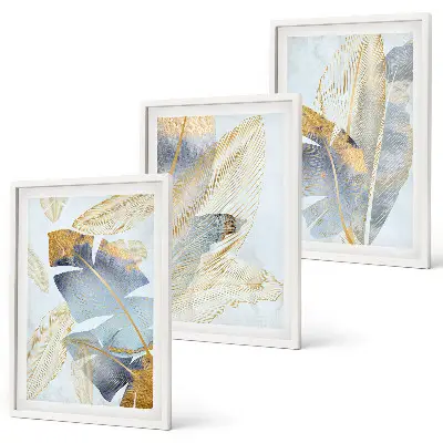Hellblau-beige Blätter Bilder-Set 3er-Set mit Rahmen